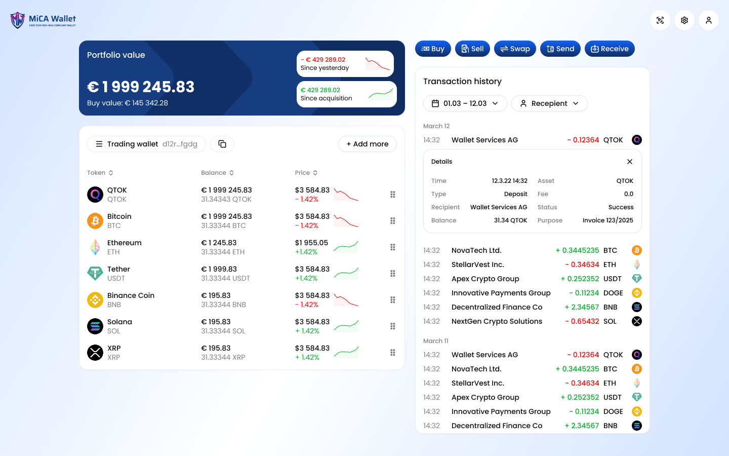 MiCA Wallet Biz Dashboard